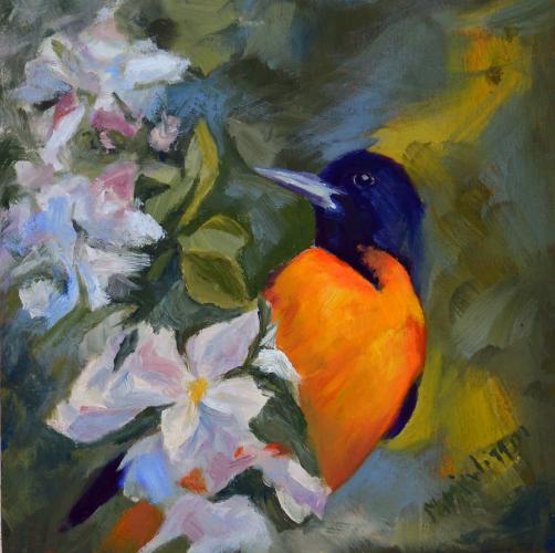 An oil painting of a Baltimore oriole by Mimi Wiggin.