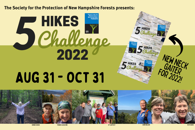 The logo of 5 Hikes Challenge 2022 with past participants' selfies on hikes.