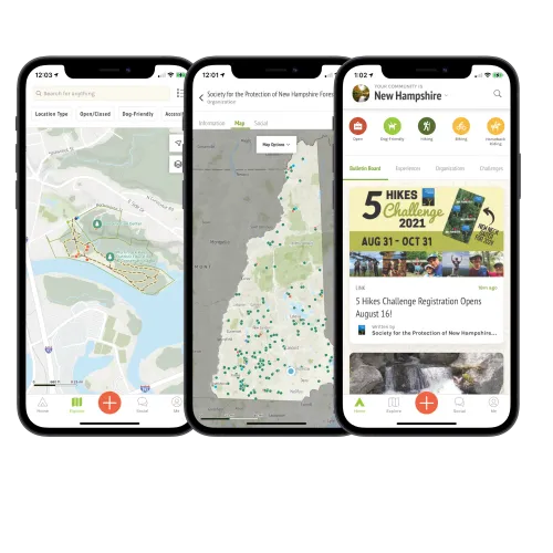Screenshots of the Forest Society mobile app show maps and other features.