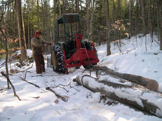 Tractor winch draws oak logs across the snow