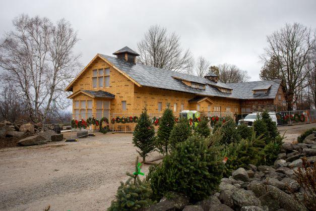The Rocks' Carriage Barn under construction with Christmas trees and wreaths for sale out front.