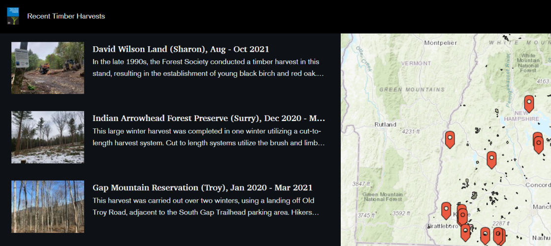 A preview of the story map showing recent timber harvests on a map of NH with text explaining each harvest.