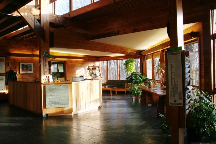 The lobby of the Conservation Center is filled with natural light.