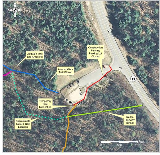 DETOUR AHEAD Mt. Major Lot Closed (Roadside Parking ONLY); TRAILS OPEN