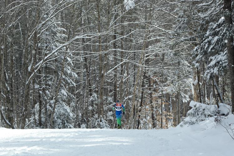 A ski racer comes over the hill on a snowy trail 